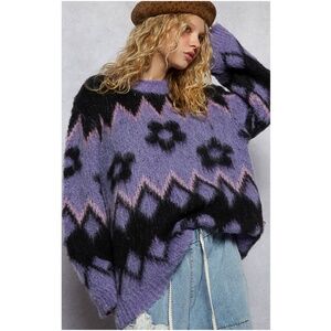 POL Purple Fuzzy Round Neck Floral Print Loose Fit Sweater top